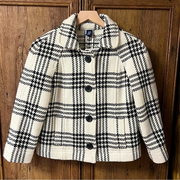 Gap Cropped Wool Blend Tweed Pea Coat Jacket Women’s Sz M Plaid Houndstooth - Picture 1 of 8